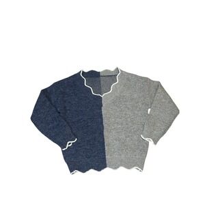 Two Tone Color Block Sweater Womens Size Small Gray Navy‎ Blue Scalloped Trim